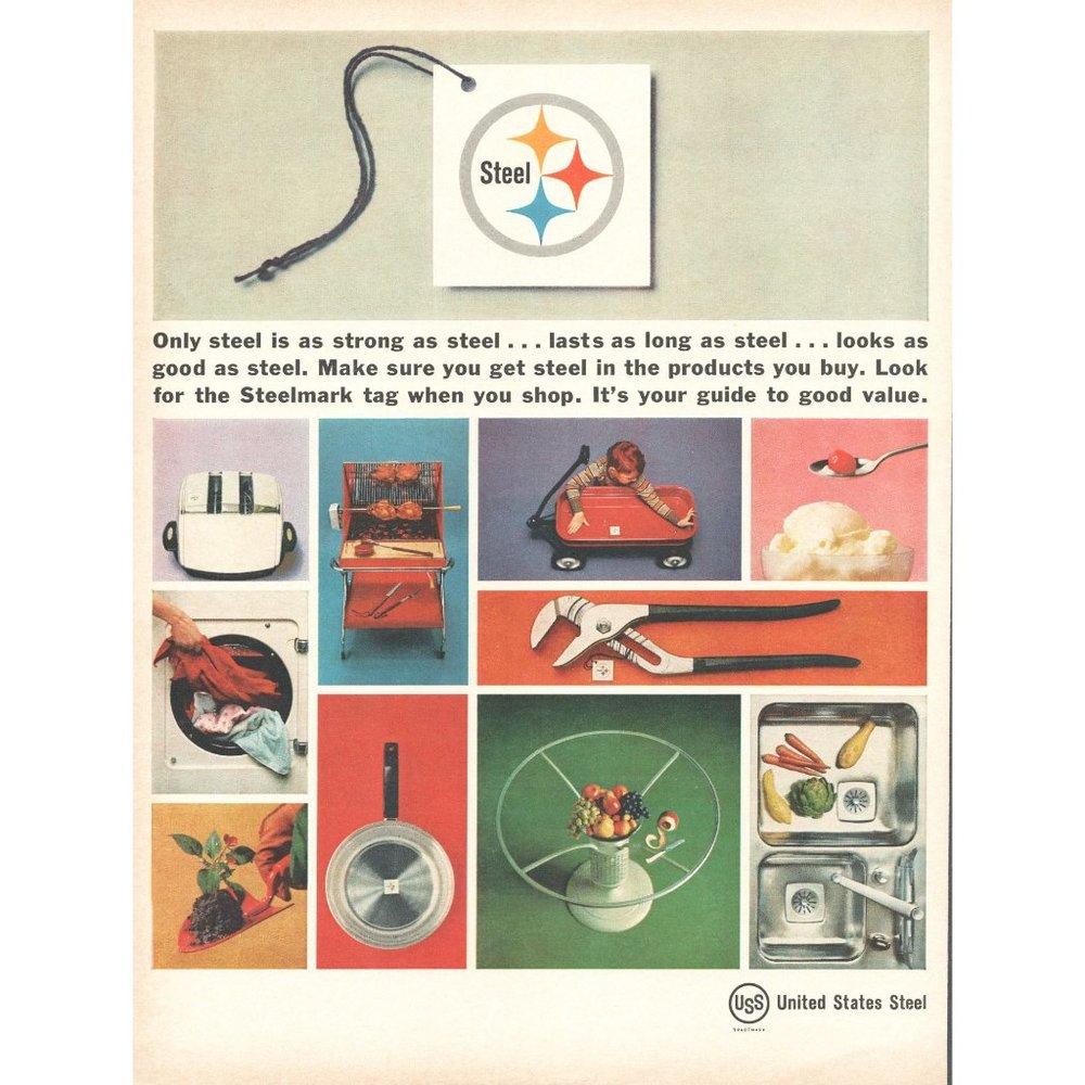 1961 United States Steel USS Vintage Print Ad BBQ Grill Radio Flyer Wagon 60s